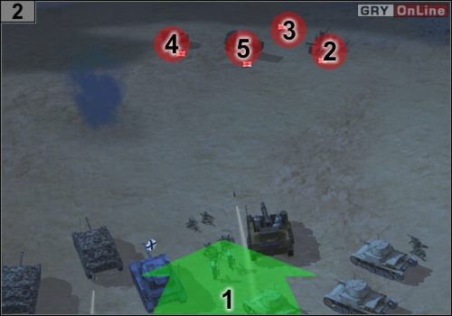 Potem znów pojedź trochę do przodu (strzałka [1]), odkryj snajperami kolejnych przeciwników - Misja 6 - Kocioł (2) | Państwa Osi w Codename Panzers - Faza Druga - Codename: Panzers - Faza Druga - poradnik do gry