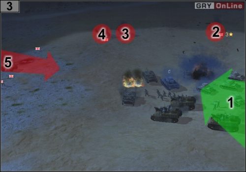 Wysuń snajperów w lewo, a twoje czołgi (strzałka [1]) niech zajmą się małymi i średnimi czołgami przeciwnika w [2], [3] i [4] - Misja 6 - Kocioł (2) | Państwa Osi w Codename Panzers - Faza Druga - Codename: Panzers - Faza Druga - poradnik do gry