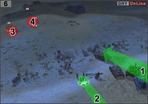 Jedź czołgami zgodnie ze strzałką w [1], a snajperami biegnij wzdłuż strzałki [2] - Misja 6 - Kocioł (3) | Państwa Osi w Codename Panzers - Faza Druga - Codename: Panzers - Faza Druga - poradnik do gry