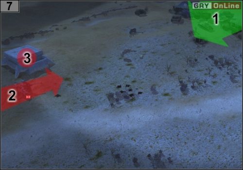 Czołgami i snajperami przesuń się odrobinę w lewo, do #7 , jak pokazuje to strzałka [1] - Misja 6 - Kocioł (3) | Państwa Osi w Codename Panzers - Faza Druga - Codename: Panzers - Faza Druga - poradnik do gry