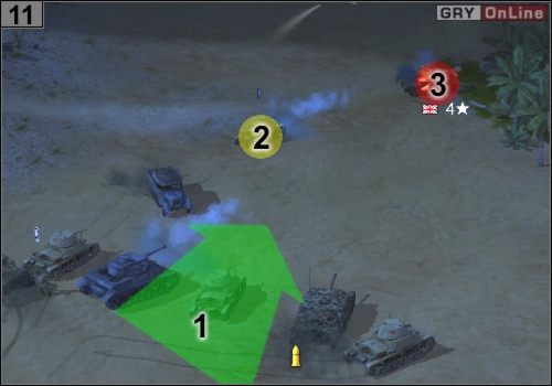 Jedź za włoskim bohaterem ([2]) jak pokazuje to strzałka [1] - Misja 6 - Kocioł (4) | Państwa Osi w Codename Panzers - Faza Druga - Codename: Panzers - Faza Druga - poradnik do gry