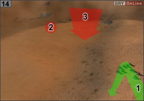 Idź snajperami tak, jak pokazuje to strzałka [1] i z daleka wykończ obsługę działa w [2] - Misja 6 - Kocioł (5) | Państwa Osi w Codename Panzers - Faza Druga - Codename: Panzers - Faza Druga - poradnik do gry
