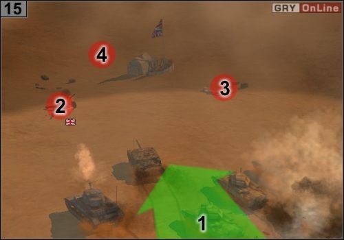 Potem jedź dalej, jak pokazuje to strzałka w [1] - Misja 6 - Kocioł (5) | Państwa Osi w Codename Panzers - Faza Druga - Codename: Panzers - Faza Druga - poradnik do gry