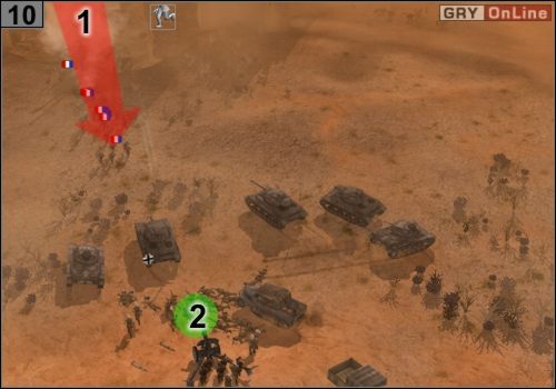 Teraz ustaw po raz drugi naprawione czołgi w linii, za nimi w punkcie [2] ustaw piechotę - Misja 7 - Burza (4) | Państwa Osi w Codename Panzers - Faza Druga - Codename: Panzers - Faza Druga - poradnik do gry