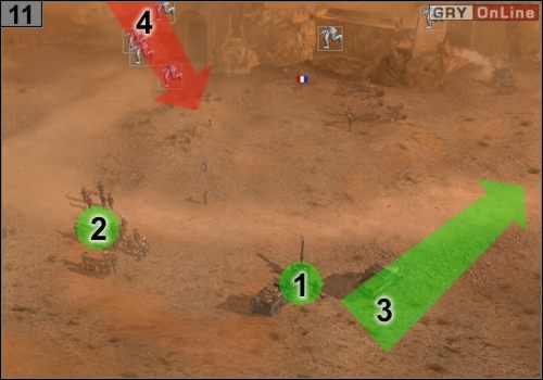 Przemieść wojsko do #11 , rozstaw tam działo w [1] by niszczyło drugi róg i piechotę w [2] by ochraniała działo - Misja 7 - Burza (4) | Państwa Osi w Codename Panzers - Faza Druga - Codename: Panzers - Faza Druga - poradnik do gry