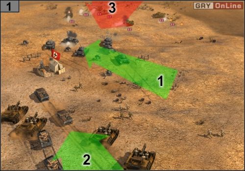 Musisz szybko zająć odpowiednie pozycje obok obozu zaopatrzeniowego, gdyż za chwilę zaatakuje go kilka czołgów przeciwnika - Misja 8 - Tel El Eisa (2) | Państwa Osi w Codename Panzers - Faza Druga - Codename: Panzers - Faza Druga - poradnik do gry