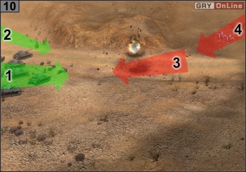 Czołgi powinny być ustawione w [1], zbiegnij do niech snajperami, jak pokazuje to strzałka w [2] - Misja 8 - Tel El Eisa (4) | Państwa Osi w Codename Panzers - Faza Druga - Codename: Panzers - Faza Druga - poradnik do gry