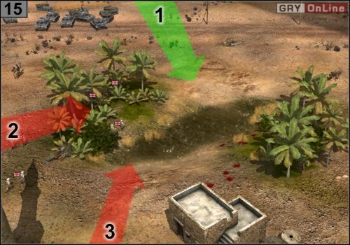 Znów zwabisz jeszcze więcej piechoty przesuwając się w [1] (wyjdą oni z [2] i [3]) - Misja 8 - Tel El Eisa (5) | Państwa Osi w Codename Panzers - Faza Druga - Codename: Panzers - Faza Druga - poradnik do gry