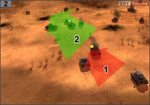 Czołgi przeciwnika będą cię gonić, jak pokazuje to strzałka w [1] - Misja 1 - Przełamanie frontu pod El Alamein (2) | Alianci - Codename: Panzers - Faza Druga - poradnik do gry