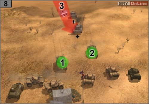 Pojazdami i Shermanami z lewej wjedź na wzgórze, ale od tyłu, postaw Shermany w [1] i [2] - Misja 1 - Przełamanie frontu pod El Alamein (3) | Alianci - Codename: Panzers - Faza Druga - poradnik do gry