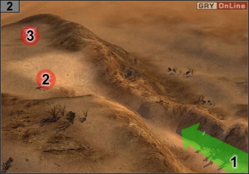 Wejdź na górę, jak pokazuje to strzałka [1] - Misja 2 - Tobruk (2) | Alianci w Codename Panzers - Faza Druga - Codename: Panzers - Faza Druga - poradnik do gry