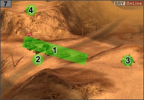 Gdy piechota będzie biec, postaw czołgi na punkcie kontrolnym na drodze tak, jak pokazuje to linia [1] - Misja 2 - Tobruk (3) | Alianci w Codename Panzers - Faza Druga - Codename: Panzers - Faza Druga - poradnik do gry