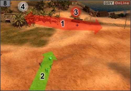 Uważając na czołg, który jeździ w tą i z powrotem, jak pokazuje to podwójna strzałka w [1], dojdź tu piechotą (strzałka [2]) - Misja 2 - Tobruk (3) | Alianci w Codename Panzers - Faza Druga - Codename: Panzers - Faza Druga - poradnik do gry