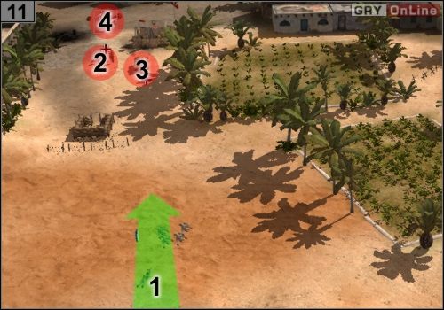 Przybliż nieco czołgi i idź snajperami i bohaterem tak jak pokazuje to strzałka [1] - Misja 2 - Tobruk (4) | Alianci w Codename Panzers - Faza Druga - Codename: Panzers - Faza Druga - poradnik do gry