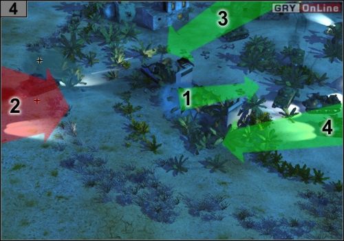 Uciekaj piechotą ze zniszczonego budynku, jak pokazuje to strzałka [1] - Misja 3 - Przełęcz Kasserine (3) | Alianci w Codename Panzers - Faza Druga - Codename: Panzers - Faza Druga - poradnik do gry