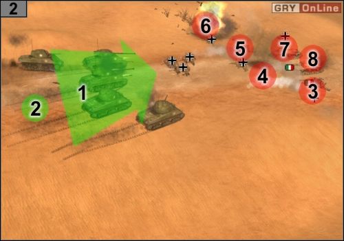 W drugiej grupie wybierz Shermany, M7 Priesta i jedź jak pokazuje to strzałka [1] - Misja 4 - Tunis (2) | Alianci w Codename Panzers - Faza Druga - Codename: Panzers - Faza Druga - poradnik do gry