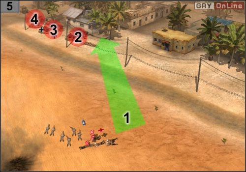 Gdy to zrobisz, przeczołgaj się na bok dział - jak pokazuje to strzałka [1] - i po kolei z daleka zabijaj ich obsługi w [2], [3] i [4] - Misja 4 - Tunis (3) | Alianci w Codename Panzers - Faza Druga - Codename: Panzers - Faza Druga - poradnik do gry