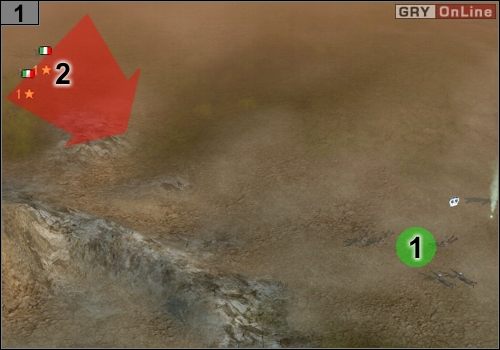 Najlepiej wystaw bohatera na przód, do punktu [1], by to na nim skupiał się ogień przeciwnika, wybiegającego z [2] - Misja 5 - Operacja Husky (2) | Alianci w Codename Panzers - Faza Druga - Codename: Panzers - Faza Druga - poradnik do gry
