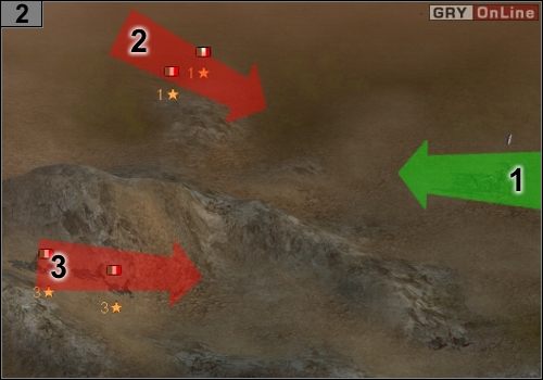 Jak tylko się ruszysz, jak pokazuje to strzałka [1], z [2] i [3] wybiegną dwie grupy piechoty przeciwnika - Misja 5 - Operacja Husky (2) | Alianci w Codename Panzers - Faza Druga - Codename: Panzers - Faza Druga - poradnik do gry