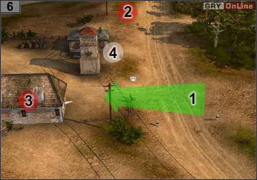 Upewnij się że bohater jest uleczony i ruszaj nim tak jak pokazuje to strzałka [1] - Misja 5 - Operacja Husky (3) | Alianci w Codename Panzers - Faza Druga - Codename: Panzers - Faza Druga - poradnik do gry