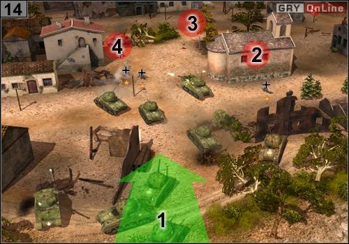 Po wycofaniu i naprawieniu czołgów wjedź do miasta ponownie (strzałka [1]) - Misja 5 - Operacja Husky (5) | Alianci w Codename Panzers - Faza Druga - Codename: Panzers - Faza Druga - poradnik do gry