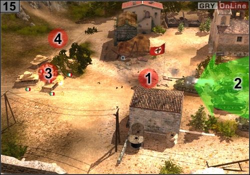 Zniszcz działo w [1], potem wyjedź jak pokazuje to strzałka [2] - Misja 5 - Operacja Husky (5) | Alianci w Codename Panzers - Faza Druga - Codename: Panzers - Faza Druga - poradnik do gry