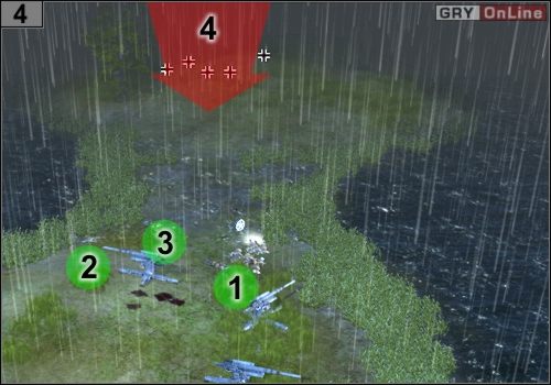 Znów ustaw się tak jak poprzednio - ciężkie karabiny w [1], snajperzy w [2], pomiędzy nimi medycy, a na końcu - bohater w [3] - Misja 6 - Przeprawa przez Volturno (2) | Alianci w Codename Panzers - Faza Druga - Codename: Panzers - Faza Druga - poradnik do gry