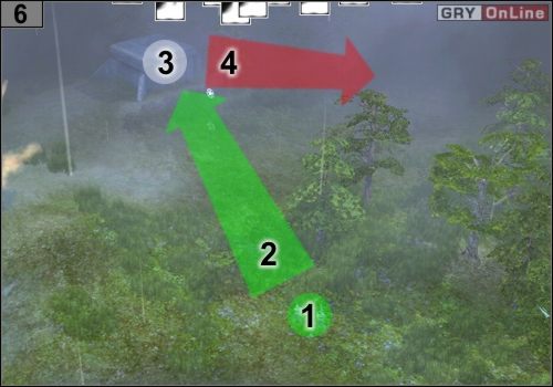 Najpierw ustaw snajperów w [1], potem bohaterem zbliż się do bunkra w [3], jak pokazuje to strzałka w [2] - Misja 6 - Przeprawa przez Volturno (3) | Alianci w Codename Panzers - Faza Druga - Codename: Panzers - Faza Druga - poradnik do gry