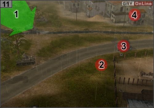 Jedź czołgami do #11 , jak pokazuje to strzałka [1] - Misja 7 - Monte Cassino (4) | Alianci w Codename Panzers - Faza Druga - Codename: Panzers - Faza Druga - poradnik do gry