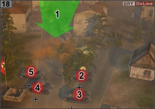Przedostatni punkt strategiczny jest broniony przez cztery średnie czołgi stojące w [2], [3], [4] i [5] - Misja 7 - Monte Cassino (6) | Alianci w Codename Panzers - Faza Druga - Codename: Panzers - Faza Druga - poradnik do gry