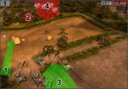 Odkryj przeciwników bohaterem, pokazuje to strzałka [1] - Misja 8 - Anzio-Cisterna (2) | Alianci w Codename Panzers - Faza Druga - Codename: Panzers - Faza Druga - poradnik do gry