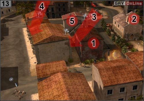 Gdy dostaniesz się do #13 , zacznij oczyszczać budynki w [1] i [2], a potem postaraj się wywabić wspomnianą piechotę, jak pokazują to strzałki w [3] i [4] - Misja 8 - Anzio-Cisterna (5) | Alianci w Codename Panzers - Faza Druga - Codename: Panzers - Faza Druga - poradnik do gry