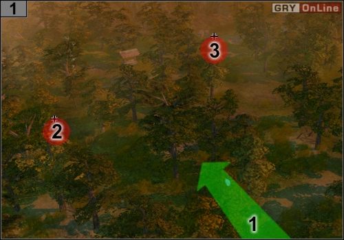 Na początku idź zgodnie ze strzałką [1], Pokonaj Niemców w [2], a potem zaatakuj tych w [3] - Misja 1 - Operacja Sheathed Sabre (2) | Partyzanci w Codename Panzers - Codename: Panzers - Faza Druga - poradnik do gry