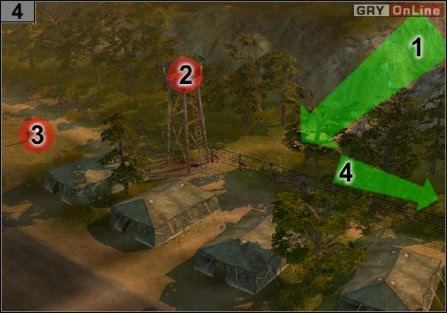 Obiema grupami biegnij tak, jak pokazuje to strzałka w [1] - Misja 1 - Operacja Sheathed Sabre (2) | Partyzanci w Codename Panzers - Codename: Panzers - Faza Druga - poradnik do gry