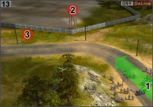 Biegnij zgodnie ze strzałką [1], po drodze zabijając żołnierzy na wieży strażniczej w [2] i oddział z moździerzami w [3] - Misja 1 - Operacja Sheathed Sabre (5) | Partyzanci w Codename Panzers - Codename: Panzers - Faza Druga - poradnik do gry