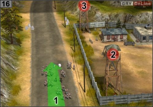 Podążając drogą, jak pokazuje to strzałka [1], zabijesz żołnierzy na wieżach strażniczych w [2] i [3] - Misja 1 - Operacja Sheathed Sabre (6) | Partyzanci w Codename Panzers - Codename: Panzers - Faza Druga - poradnik do gry