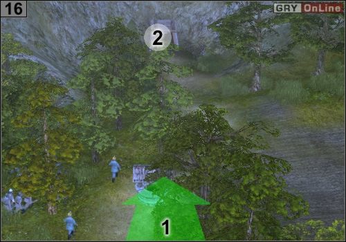 i wszystkimi biegnij, jak pokazuje to strzałka [1], do #16 , do tunelu w [2] - Misja 2 - Chłosta (5) | Partyzanci w Codename Panzers - Faza Druga - Codename: Panzers - Faza Druga - poradnik do gry