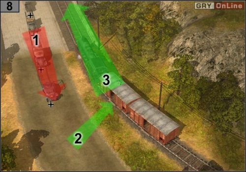 Uważając na jadące ciągle kolumny pojazdów przeciwnika (strzałka [1]) przekradnij się do wagonu, jak pokazuje to strzałka [2] - Misja 4 - Mozolna ucieczka (4) | Partyzanci w Codename Panzers - Faza Druga - Codename: Panzers - Faza Druga - poradnik do gry