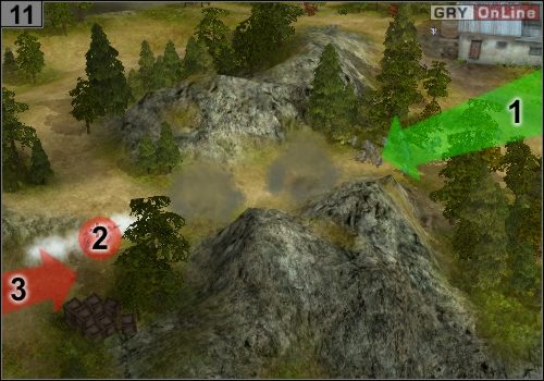 Niech spadochroniarze natomiast wyjdą z [1] i zaatakują oddział z bazookami w [2] - Misja 4 - Mozolna ucieczka (4) | Partyzanci w Codename Panzers - Faza Druga - Codename: Panzers - Faza Druga - poradnik do gry