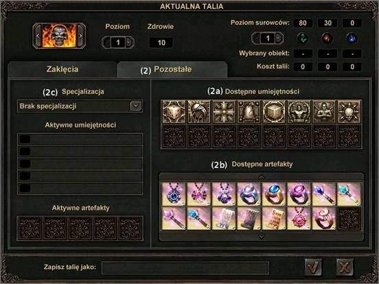 2) Pozostałe - drugi ekran talii, na którym ustalamy pozostałe rzeczy - Tryb Multiplayer - Etherlords II: Second Age - poradnik do gry