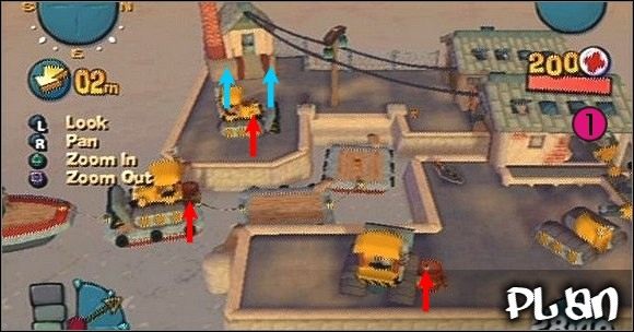 Aby ukończyć tę misję, musisz zniszczyć trzy spycharki, ich położenie zaznaczyłem czerwonymi strzałkami - Misja III - Building Site Saboteurs | Misje w Worms 4 Totalna Rozwałka - Worms 4: Totalna Rozwałka - poradnik do gry