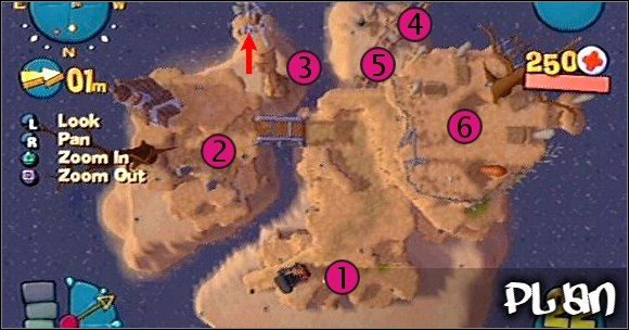 Zadanie polegające na zbieraniu ziarenek złota (na planie punkt pierwszy, drugi, czwarty i szósty ) - Misja XII - Ghost Hill Graveyard | Misje w Worms 4 Totalna Rozwałka - Worms 4: Totalna Rozwałka - poradnik do gry