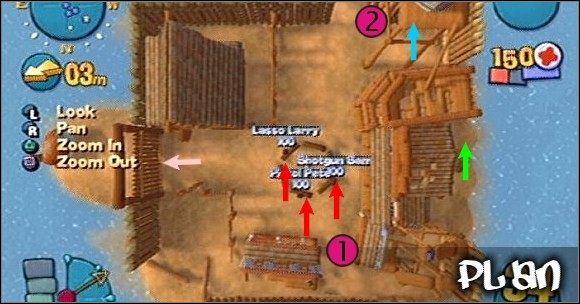 Etap podzielony na dwie części, w pierwszym masz za zadanie skradać się i zdobyć dynamit, by wpuścić na pole walki resztę drużyny - Misja XV - High Noon Hijinx | Misje w Worms 4 Totalna Rozwałka - Worms 4: Totalna Rozwałka - poradnik do gry