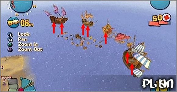 Stojąc na zgliszczach okrętu za zadanie masz osłaniać przyjaciół na lądzie Okręty widoczne na planie mają przymocowane działa (czerwone strzałki), po ich zniszczeniu zaliczasz zadanie - Misja XIX - Traitorous Waters | Misje w Worms 4 Totalna Rozwałka - Worms 4: Totalna Rozwałka - poradnik do gry