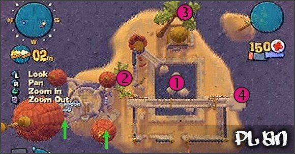 Mapa, na jakiej rozgrywa się misja, przypomina bardziej tor przeszkód, niż jak do tych czas pole bitwy - Misja XX - Gibbon Take | Misje w Worms 4 Totalna Rozwałka - Worms 4: Totalna Rozwałka - poradnik do gry