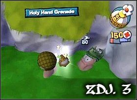 Wroga na jednej z półek (fioletowa strzałka) strąć w zasięg działa używając świętego granatu ręcznego - Misja XXV - Valley Of The Dinoworms | Misje w Worms 4 Totalna Rozwałka - Worms 4: Totalna Rozwałka - poradnik do gry