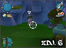 Tak przedstawiłem panów na planie zaznaczonych brązowymi strzałkami - Misja XXV - Valley Of The Dinoworms | Misje w Worms 4 Totalna Rozwałka - Worms 4: Totalna Rozwałka - poradnik do gry