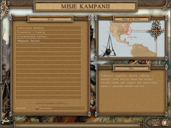 Kampania ta przedstawia losy dzielnego wodza rdzennych mieszkańców ameryki - Pontiaca - Wstęp | Rebelia Pontiaca | American Conquest Odwet - American Conquest: Odwet - poradnik do gry