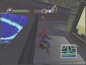 Podskocz do góry i zacznij rozwijać pierwsze pajęczyny (screen 1) - [Opis przejścia] Misja 7 - The Beetle cz.1 | Ultimate Spider-Man - Ultimate Spider-Man - poradnik do gry