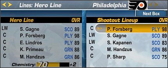 Tu ustawiamy kolejkę graczy, którzy będą decydowali o wyniku meczu w końcówce (Hero Line) oraz biorących udział w karnych - Hero Line & Shootout | Skład | NHL 06 - NHL 06 - poradnik do gry